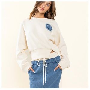 ShopEvelynne Cream Sweatshirt with Blue Patch